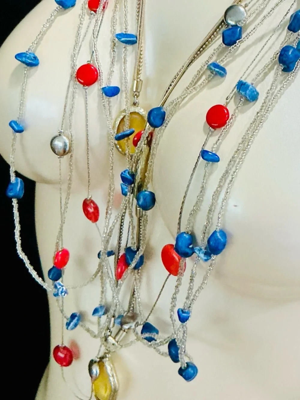 Chico's Multistrand Beaded Necklace in Blue, Red & Yellow Sexy Boho Beach Chic